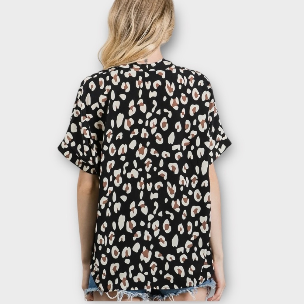 Jodifl Loose Fit Black Leopard Print V Neck Short Dolman Sleeve Boxy Top Medium - Picture 2 of 9